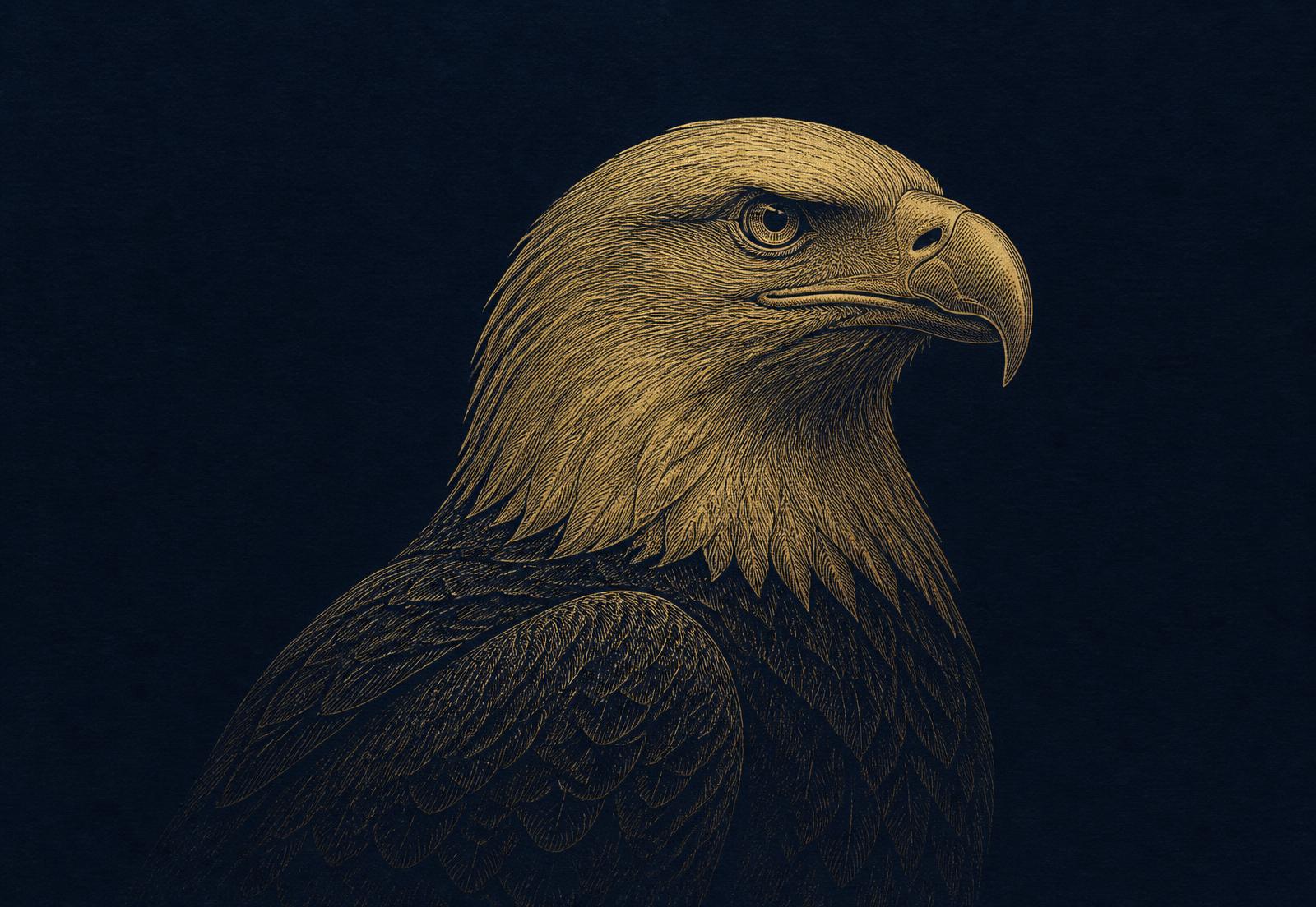 Engraved golden American bald eagle on midnight navy